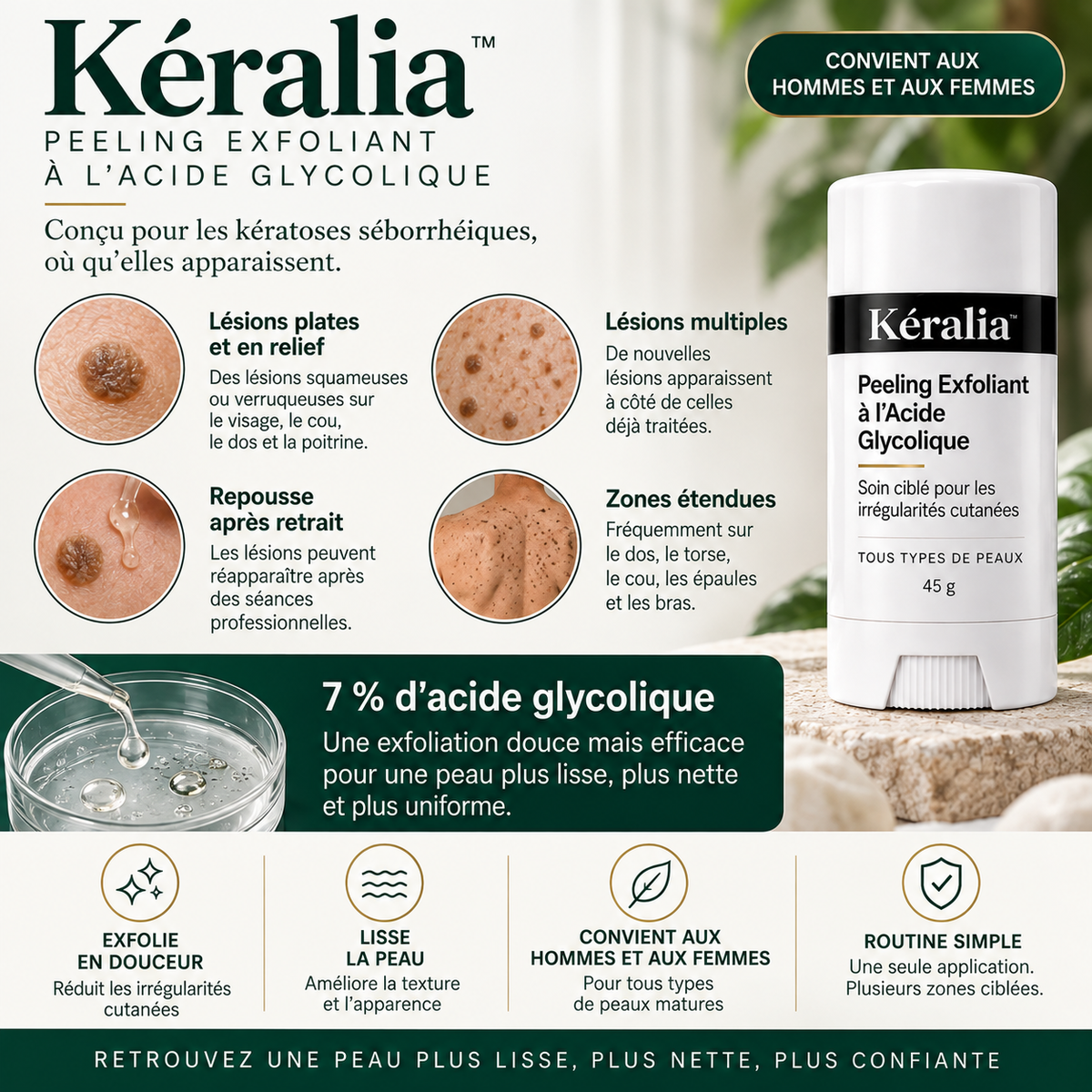 Kéralia™ – Stick exfoliant à l’acide glycolique pour les kératoses séborrhéiques
