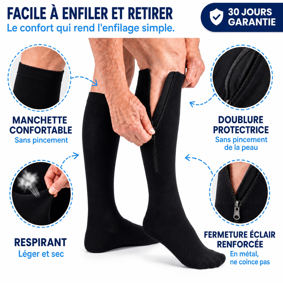 AllègeJambe — Bas de compression à fermeture éclair, sans traction